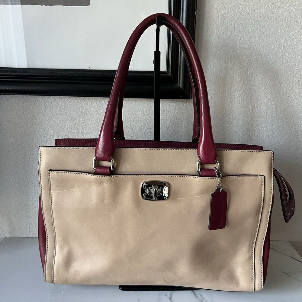 COACH CHELSEA Two Tone Khaki/Deep Port Wine Leather Carryall  Satchel 25805 READ